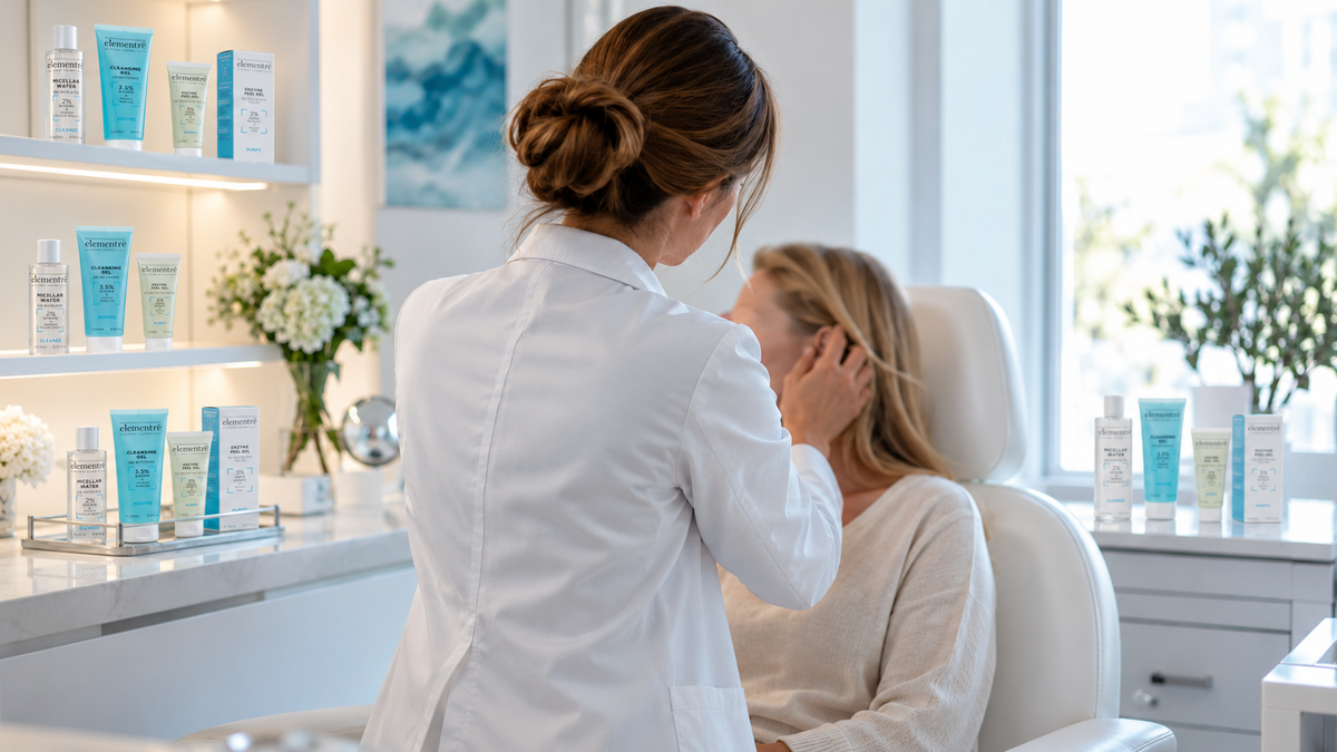 Doctor seen from behind assessing a patient’s skin in a clinic with elementrē products.