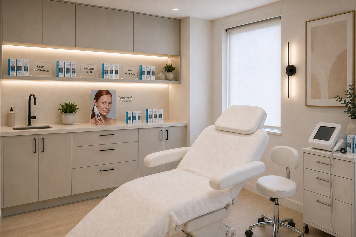 Aesthetic clinic with elementrē Expert Solutions products displayed on the shelves