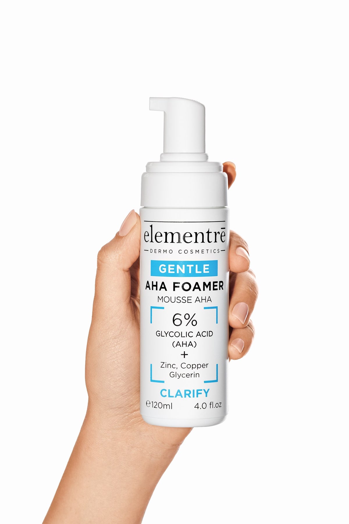elementrē 6% AHA Foamer Gentle Exfoliating Cleanser held in hand