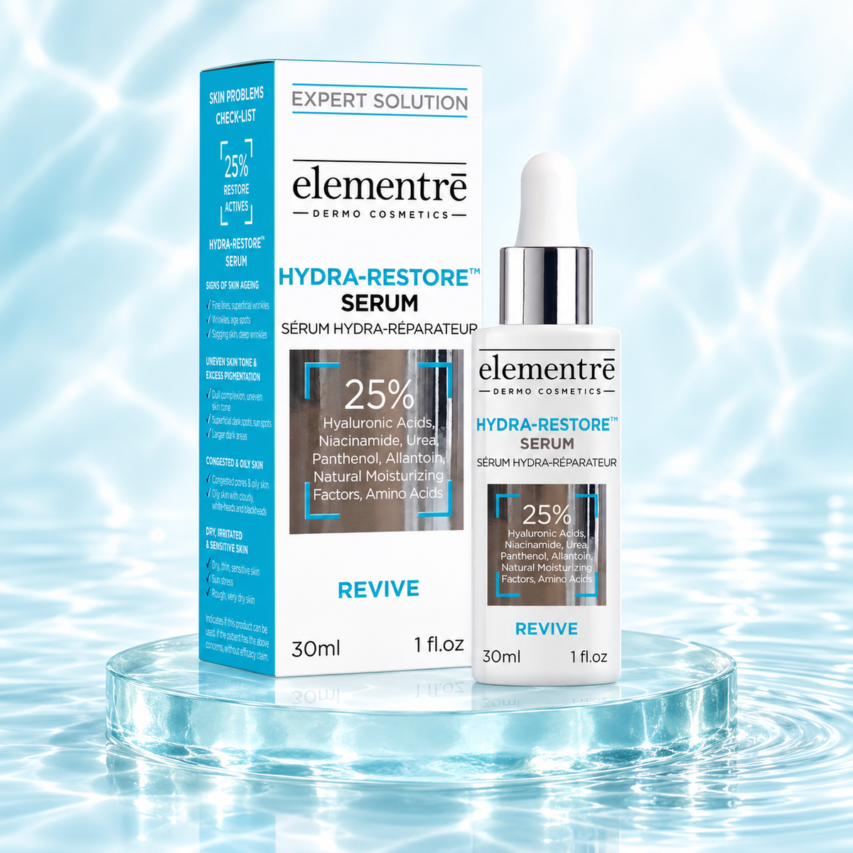 elementrē Hydra-Restore Serum 25% with its carton on a pale aqua glass pedestal