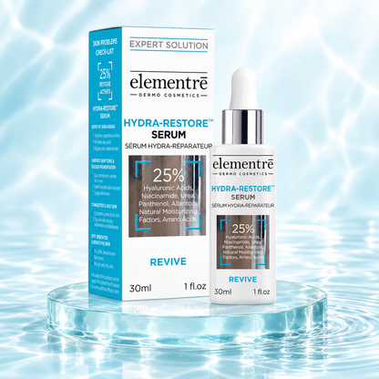 elementrē Hydra-Restore Serum 25% with its carton on a pale aqua glass pedestal