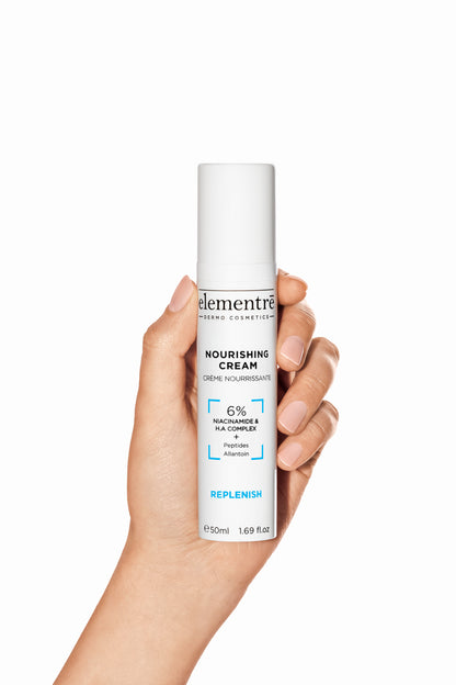 elementrē 6% Niacinamide & Hyaluronic Acid Complex Nourishing Cream held in hand