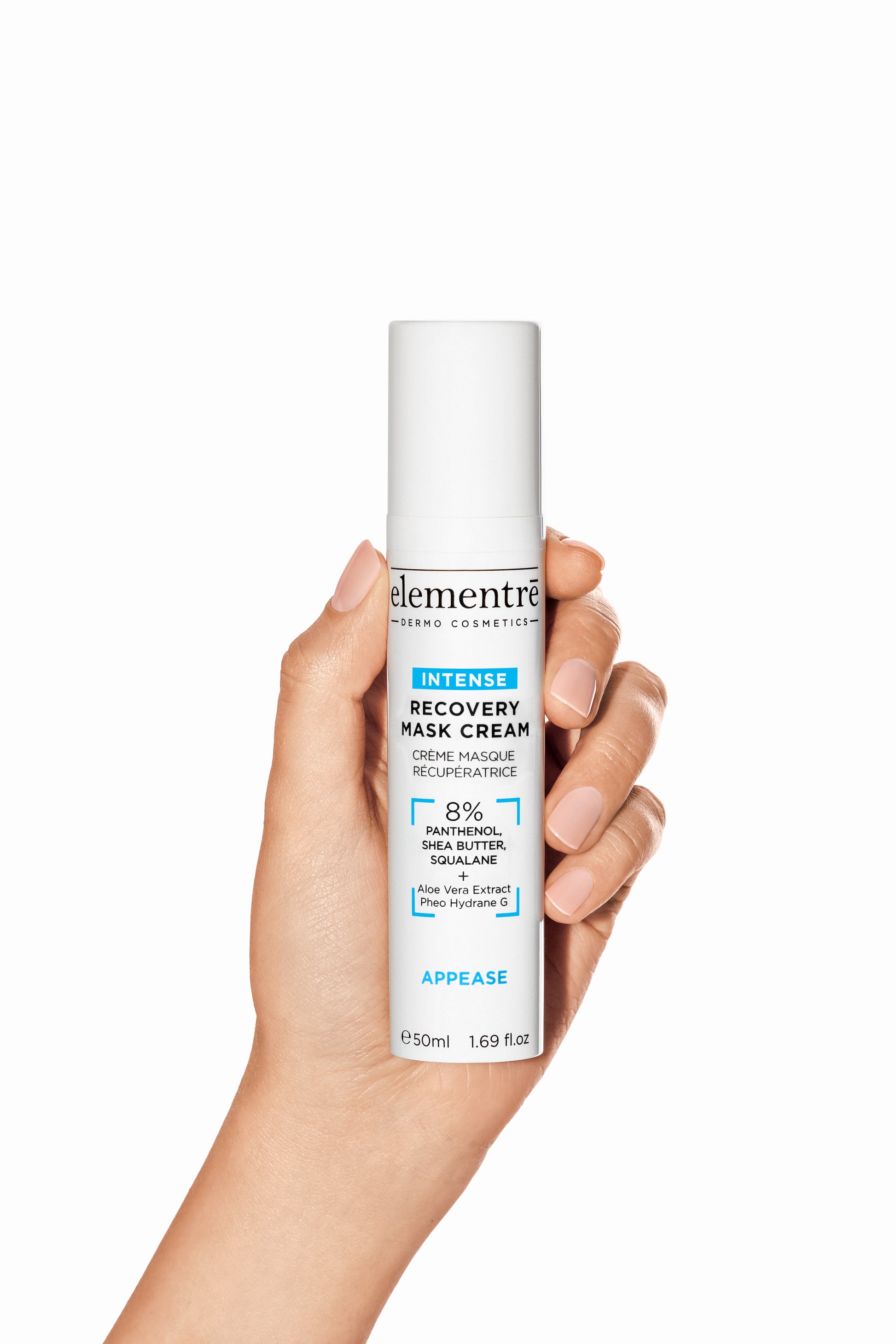 elementrē 8% Panthenol, Shea Butter & Squalane Recovery Mask Cream held in hand