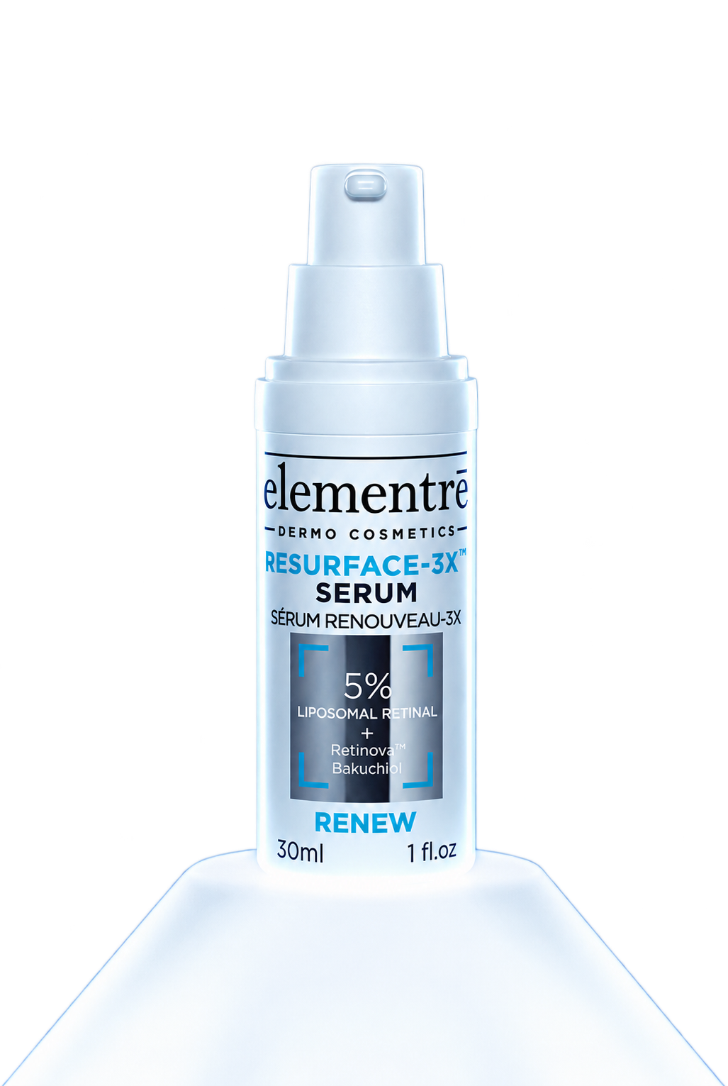 Resurface-3X bottle on a white cone podium, transparent background